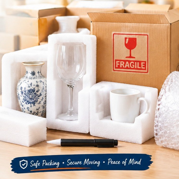 Vase, wine glass and mug held in white foam inserts
