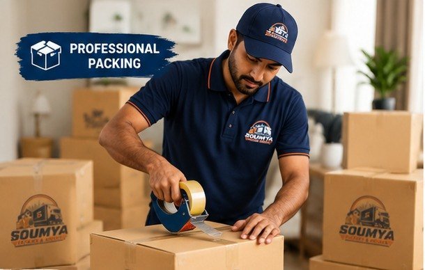 Soumya packer taping a branded carton