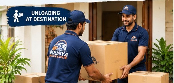 Two movers carrying a carton into a house
